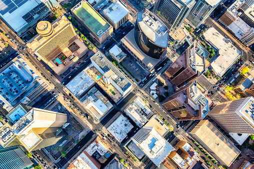 A view of the city grid pattern shot vertically directly over downtown Phoenix, Arizona from an altitude of about 1000 feet.