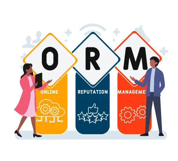 Vector illustration of Flat design with people. ORM - online reputation management acronym, business concept background.
