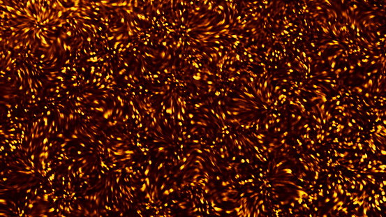 Glitter Gold Sparks Bokeh Lights Abstract Holiday Pattern Spray Particle Dust Orange Brown Yellow Black Background Blinking Texture Distorted Macro Photography for Christmas New Year greeting card, flyer, poster, brochure, banner