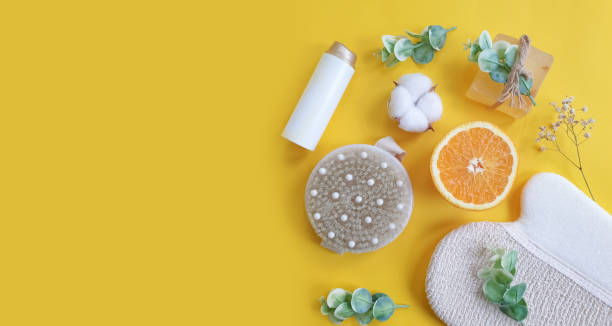 istock massage brush, soap on a colored background 1293658658