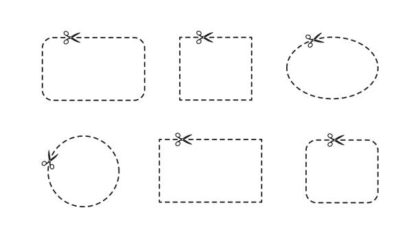 평평한 스타일로 종이를 절단하기위한 절단 라인 절단 가위 세트.  기호, 기호, 아이콘을 잘라냅니다. 장소를 잘라. 종이 컷 블랙 카드. 할인 쿠폰. 블랙 쉐이프 실루엣 사인. - 쿠폰 stock illustrations