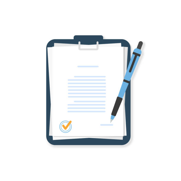 ilustrações de stock, clip art, desenhos animados e ícones de documents from with  pen on a blue folder. agreement. contract with a seal. stack of agreements document with signature and approval stamp. flat style. vector illustration - paper stack heap index card