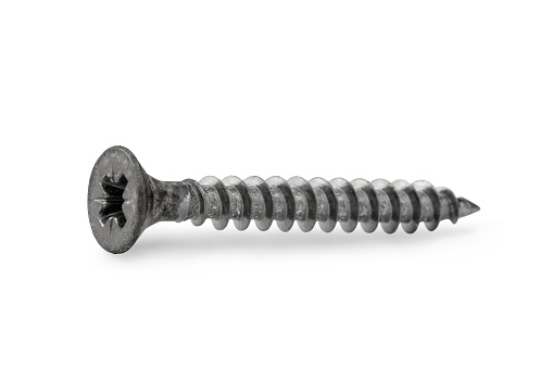 screws and self-tapping screws made of white metal, isolate on a white background, space for text