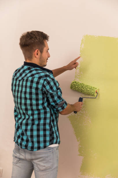istock Young man painting the wall green with a paint roller 1293659614