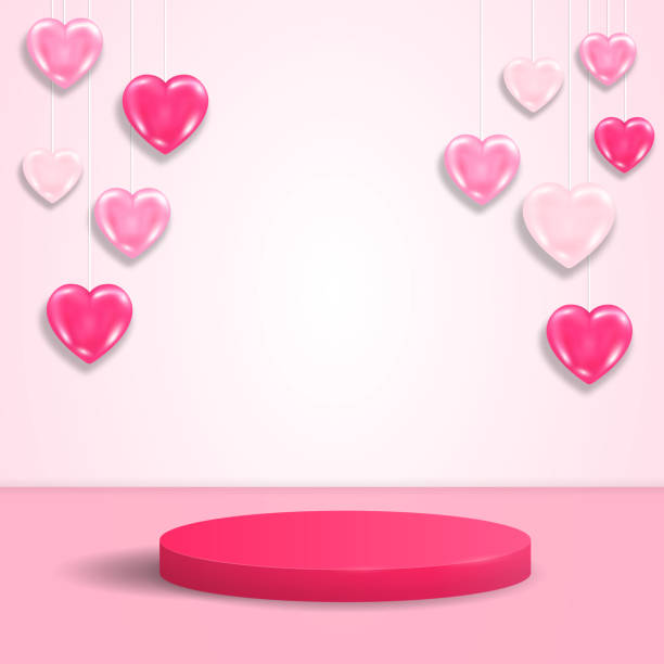 istock Realistic round luxury display podium mockup. Valentine day scene with pink hearts and cylinder platform for product show. Vector illustration of pedestal for romantic gift 1293660439