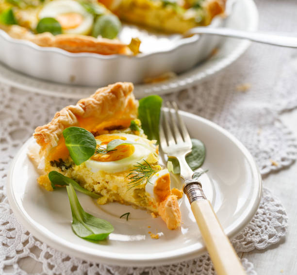 istock Portion of quiche with egg and leek on a white plate 1293661409