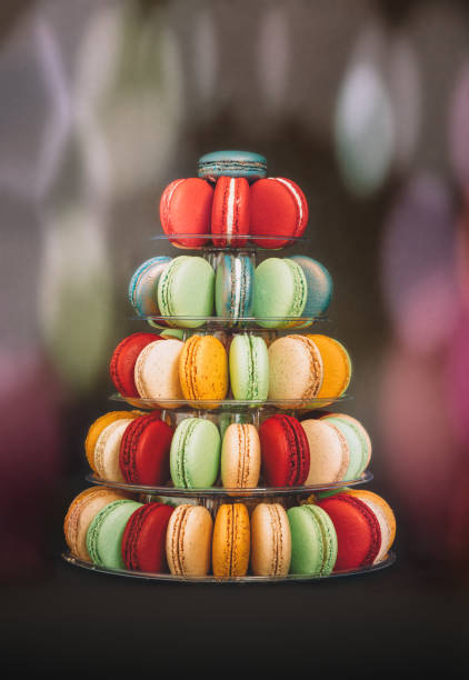Tray with colorful macaroons in the shape of a christmas tree