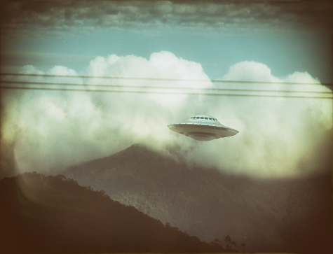 Unidentified Flying Object. Concept of old photo. 3D illustration imitating old photography of UFO.