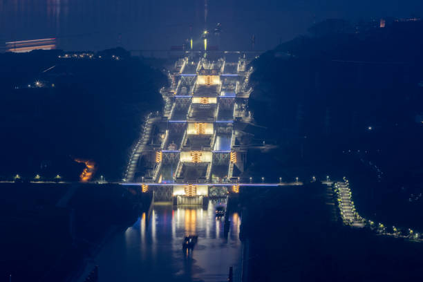 night scene of three gorges five-level ship lock night scene of three gorges five-level ship lock, yichang city, hubei province, China three gorges photos stock pictures, royalty-free photos & images