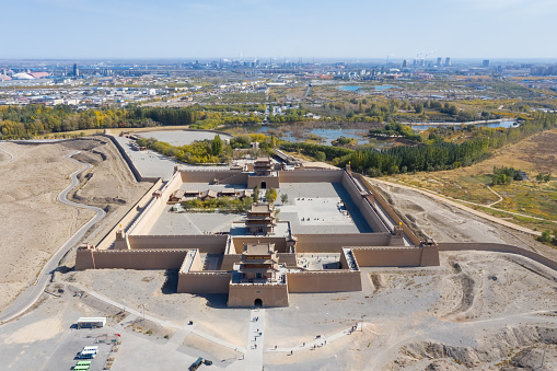 aerial view of jiayu pass in jiayuguan city,gansu province, China.