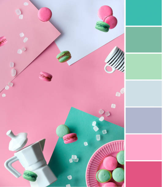 istock Color matching palette. Macaroons, ceramic coffee maker and hand with espresso coffee cup. Layered paper background in natural colors, pink, cream, mint green, cyan 1293676188