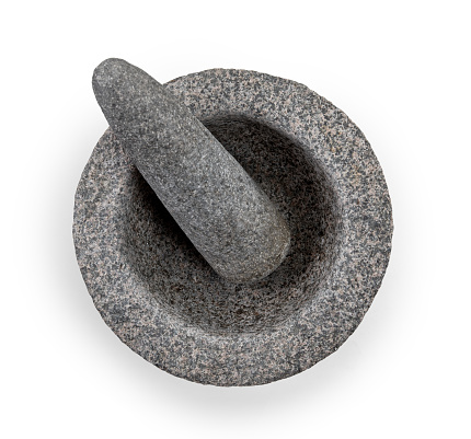 Top view of stone mortar and pestle isolated on white background