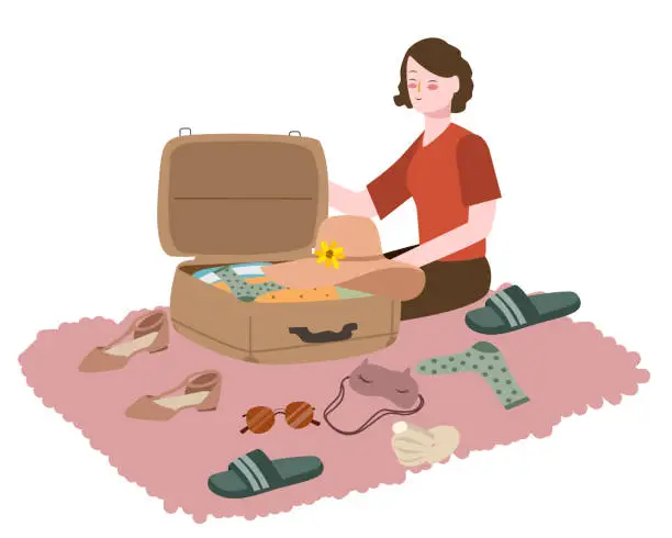Vector illustration of Women prepare clothes put suitcase for travel white isolated background with flat cartoon style