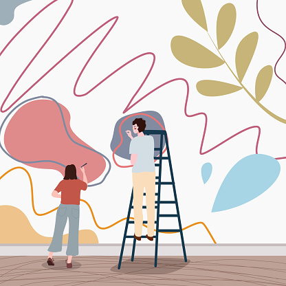 people women men painting scribble wall graffiti use ladder with flat style vector design illustrator