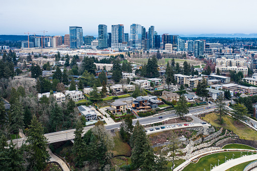 An aerial view of downtown Bellevue near Meydenbauer Park.