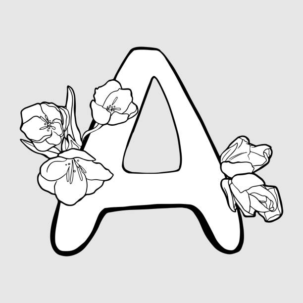 Line art painting of letter A with freehand illustration of frowers Isolated hand drawn vector icon of a letter A for unique decoration, design, florist, logo, wedding, baby shower, inwitation, greeting cards or business cards lettera a stock illustrations