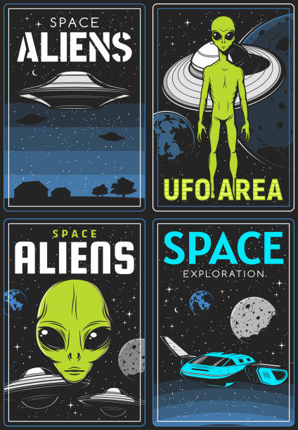 Retro posters with alien and ufo area vector cards Retro posters with alien and ufo area, vector extraterrestrial comer with green skin and huge eyes. Space exploration card with shuttle in outer cosmos with stars and planets, saucers in starry sky alien invasion stock illustrations