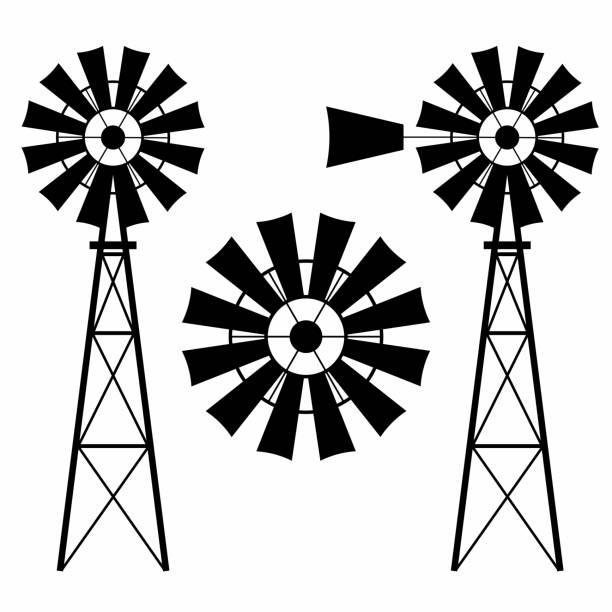illustrations, cliparts, dessins animés et icônes de illustration vectorielle de moulin à vent réglée sur le blanc - structure actionnée par le vent