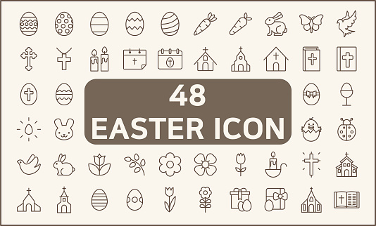 Contains such Icons as eggs, religion, bunny, gifts, spring, rabbit, celebration, decoration, church And Other Elements. customize color, easy resize.