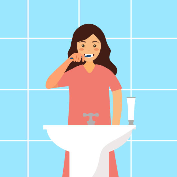 stockillustraties, clipart, cartoons en iconen met vrouw die tanden in de badkamers in vlak ontwerp poetst. vrouwelijke reinigingstanden om tandbederf te voorkomen. tandheelkundige zorg. - tandenpoetsen vrouw