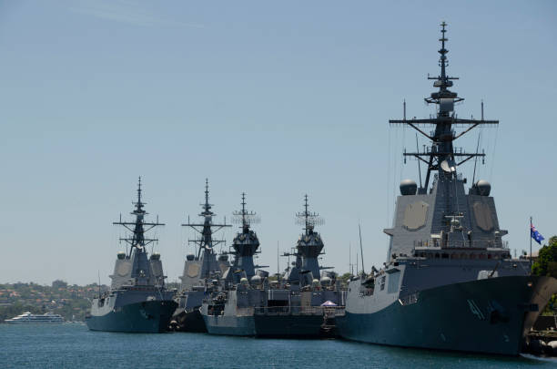 Australian naval fleet at Cowper Wharf Road, Woolloomooloo, Sydney. Five ships.