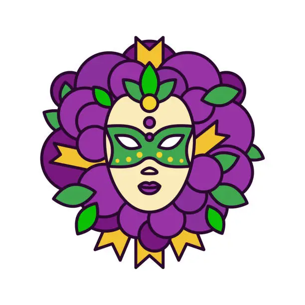 Vector illustration of Wreath with venetian mask for Mardi Gras. Isolated single symbol on white background