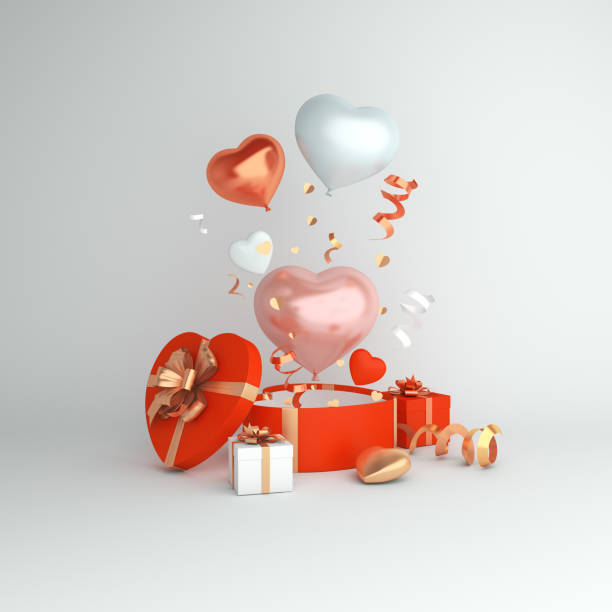 istock Happy valentines day decoration with opened heart shape gift box, balloon, 3D rendering illustration 1293699739