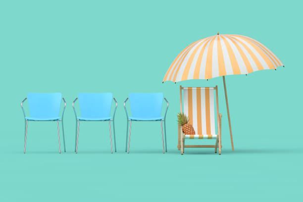 istock Vacation Concept. Beach Chair, Umbrella and Pineapple in Row with Office Chairs. 3d Rendering 1293699886