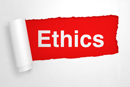 Ethics Sign in the Hole of Torn White Paper extreme closeup. 3d Rendering