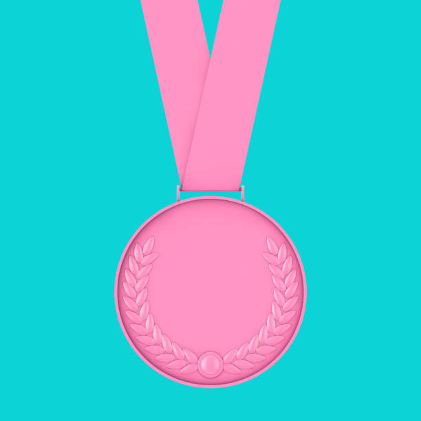 Pink Medal with Laurel Wreath in Duotone Style on a blue background. 3d Rendering