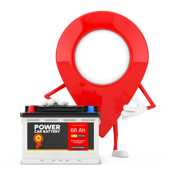 istock Map Pointer Pin Character Mascot and Rechargeable Car Battery 12V Accumulator with Abstract Label. 3d Rendering 1293700180