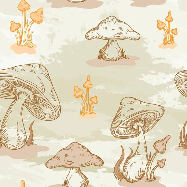 Vector illustration of Retro 1970's Mushroom Seamless Pattern