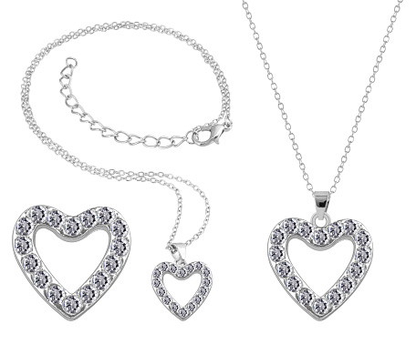 Silver woman necklace with diamonds heart shaped pendant, fashion item isolated on white background with clipping path.