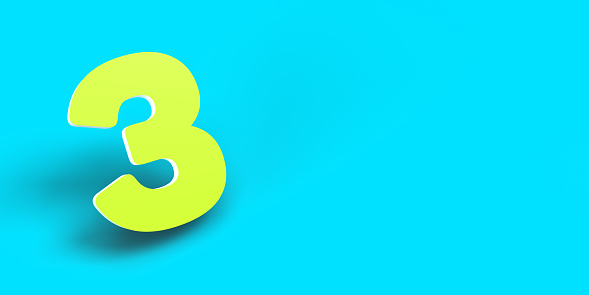 3D rendered, bright green color number 3 text on light blue background with large copy space. For larger copy space or different social media sizes background can be cropped or expand.