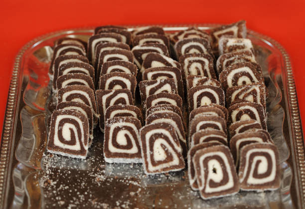 Slices of chocolate and coconut roll cake
