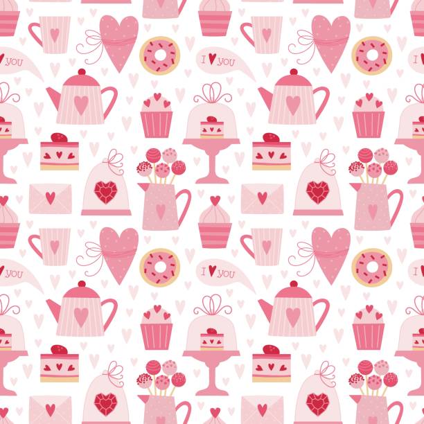 Vector romantic seamless pattern for Valentines Day celebration. Valentine's Day seamless pattern with hearts, tea pot, bow, cake pops, cake, cupcake, letter envelope, heart shaped diamond, talk cloud, confetti. Hot pink and pastel pink colors. Vector background for cards, wrapping paper, wrapper, packaging, fabric print, etc. Pastel pink colors. valentine s day holiday stock illustrations