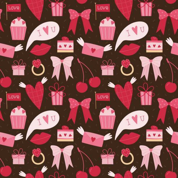 체리, 하트, 활, 과자, 디저트가 있는 매끄러운 패턴. 벡터 발렌타인 데이 배경. - cherry valentine stock illustrations