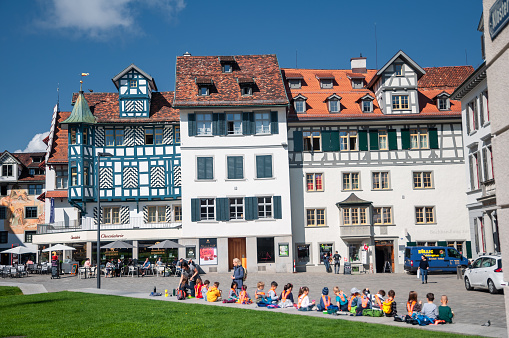 St. Gallen, Switzerland - 12.06.2019: a street in the historic part of the city. The city of St. Gallen is the capital of the Swiss canton of St. Gallen, it was founded in the 7th century.