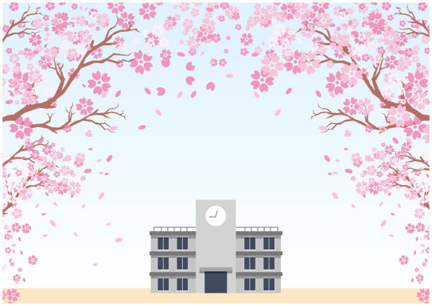 School entrance ceremony spring cherry blossoms Vector illustration state school stock illustrations