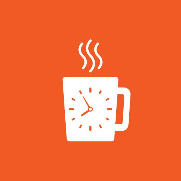 Hot cup with clock. Coffee time. Mug with tea or coffee icon flat. Hot cup with clock. Coffee time. Mug with tea or coffee icon flat. orange icon isolated on white background. Vector illustration. Morning cappuccino. Coffee break time silhouettes stock illustrations