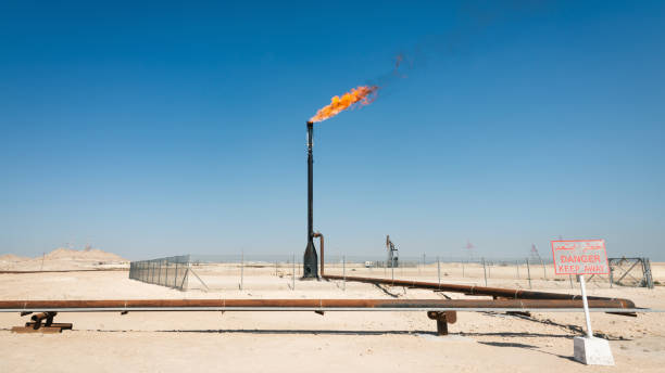 burning desert flare stack oil industry panorama bahrain middle east - arabian peninsula foto e immagini stock