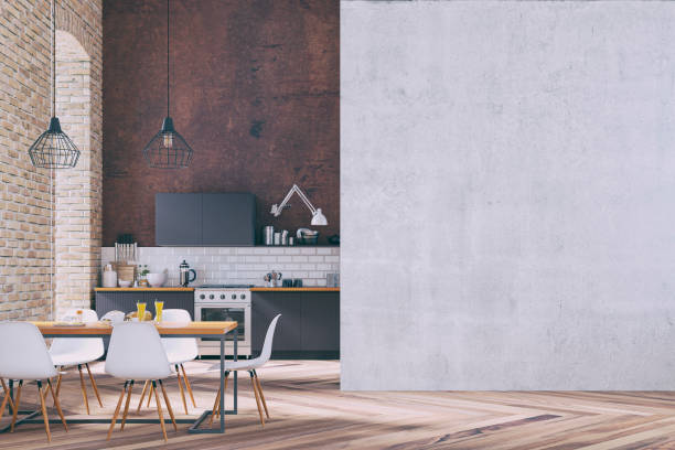 istock Industrial large modern kitchen and dining room 1293721967