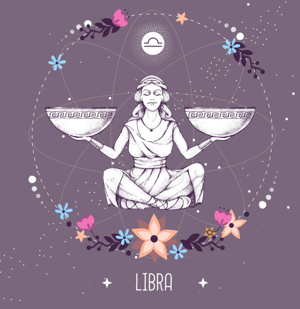 istock Modern magic witchcraft card with astrology Libra zodiac sign. Realistic hand drawing woman with scales. 1293723953