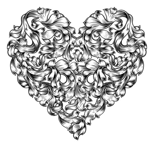Heart Love Floral Woodcut Vintage Etching A love heart shape pattern floral vintage style woodcut etching engraving design. A Valentines or Mothers day drawing concept black and white heart stock illustrations