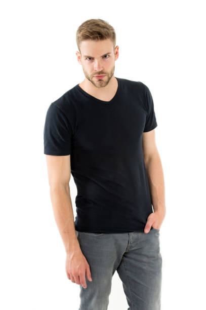 istock Confident in his style. Man with bristle confident strict face isolated white background. Man unshaven guy put hand pocket looks handsome confident. Guy wear casual black shirt. Simple but classic 1293733455