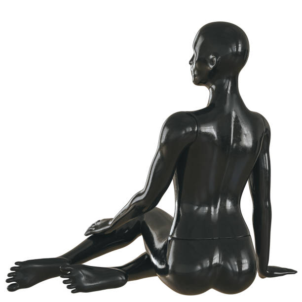 istock Black female naked mannequin in a seated position on a white background. Back view. 3d rendering 1293735251