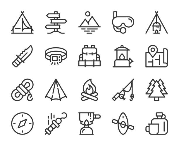 Camping and Outdoor - Line Icons Camping and Outdoor Line Icons Vector EPS File. grill rods stock illustrations