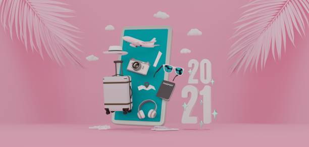 istock 3d Airplane flying above 2021 with travel accessories. 1293739294