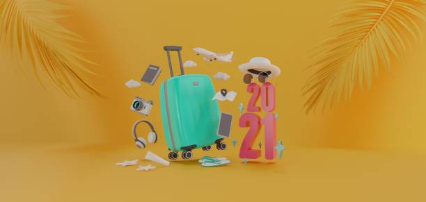 istock 3d Airplane flying above 2021 with travel accessories. 1293739301