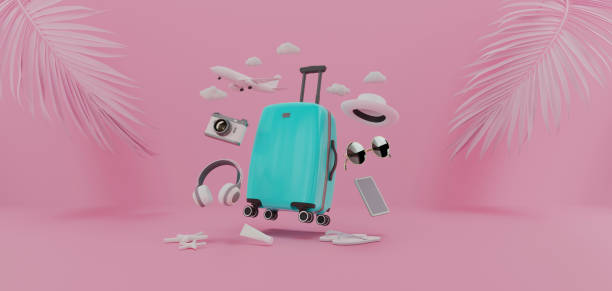 istock Traveling suitcase with travel accessories. 1293739304